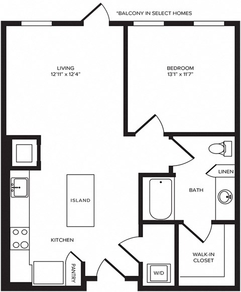 Floor plan for 1 bed, 1 bath, 765 sqft